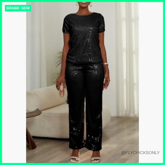 Sequin 2 Piece Outfit Cap Sleeve Versatile Dressy Sparkle Pants Set - Picture 4 of 7